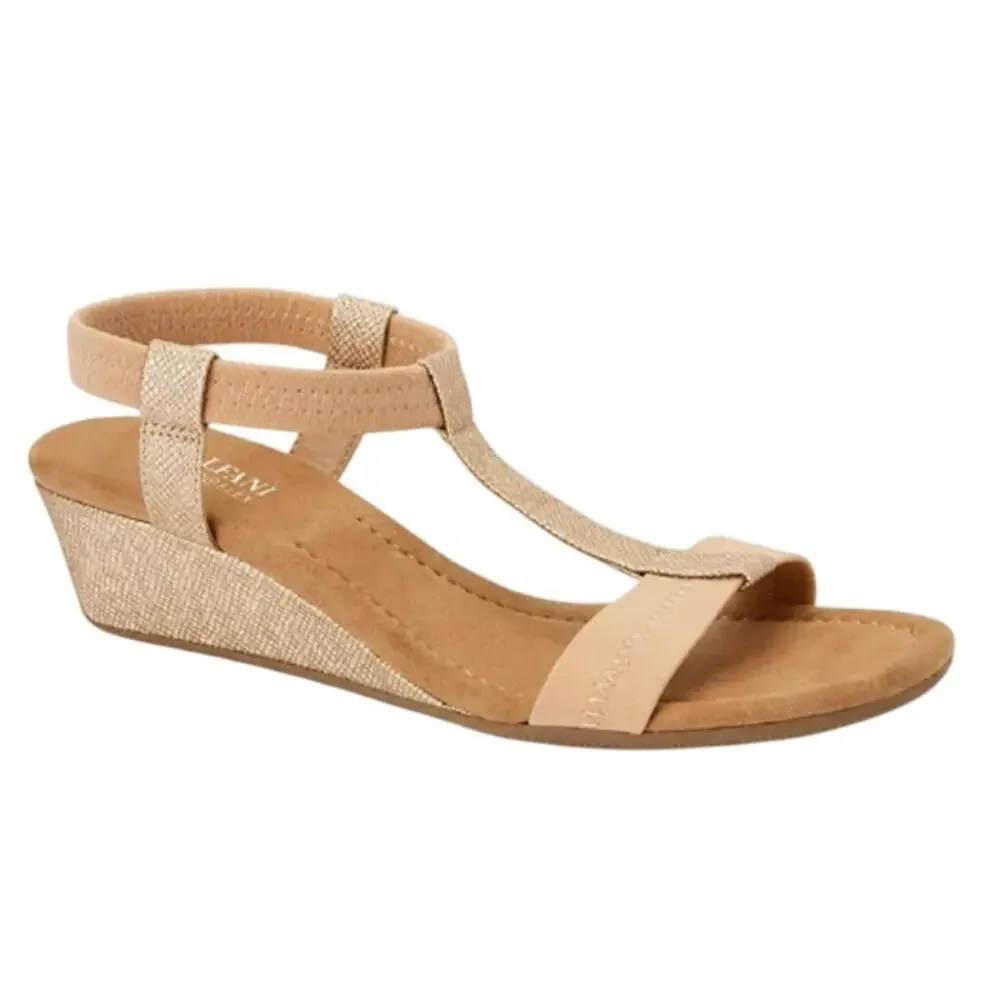 ALFANI T-Strap Voyage Wedge Slip On Slingback Sandal in Champagne, Size 8.5